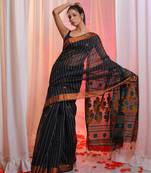 Black Cotton Blend Handwoven Saree With Stripes pattern