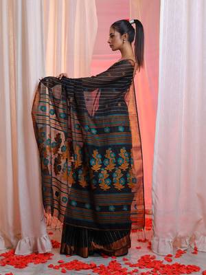 Black Cotton Blend Handwoven Saree With Stripes pattern 2
