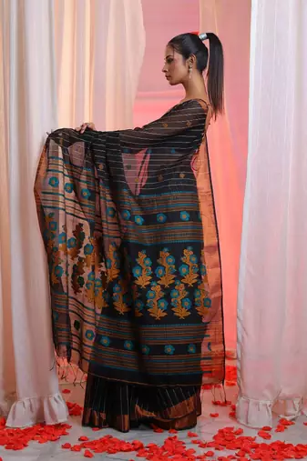 Black Cotton Blend Handwoven Saree With Stripes pattern