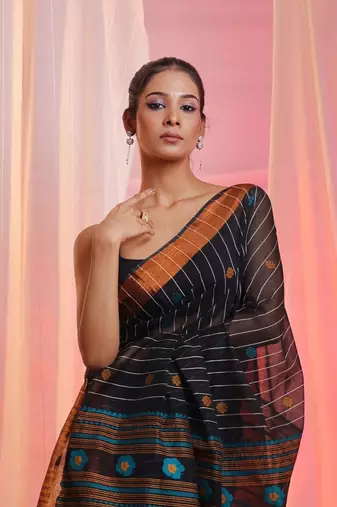 Black Cotton Blend Handwoven Saree With Stripes pattern