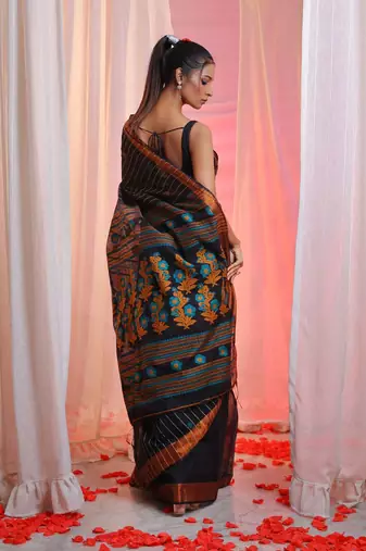 Black Cotton Blend Handwoven Saree With Stripes pattern