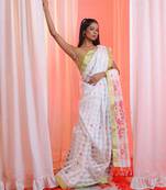 White Cotton Blend Handwoven Saree With Floral Pallu