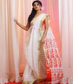 White Cotton Blend Handwoven Saree With Floral Pallu