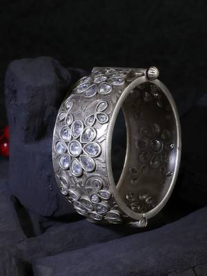 Women oxidised silver plated green stone-studded bangles 1