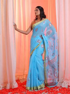 Sky Blue Cotton Blend Handwoven Saree With Zari Border 1