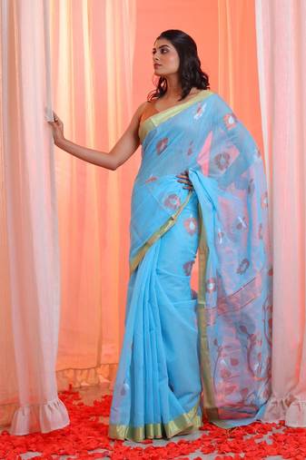 Sky Blue Cotton Blend Handwoven Saree With Zari Border