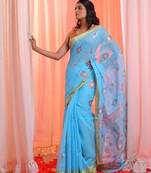 Sky Blue Cotton Blend Handwoven Saree With Zari Border