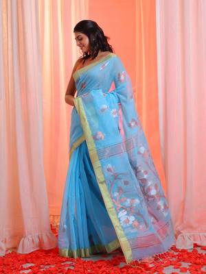 Sky Blue Cotton Blend Handwoven Saree With Zari Border 2