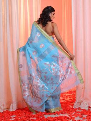 Sky Blue Cotton Blend Handwoven Saree With Zari Border 4