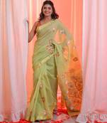 Pistachio Green Cotton Blend Handwoven Saree With Zari Border