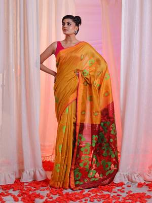 Ochre Yellow Cotton Blend Handwoven Saree With Zari Border 1