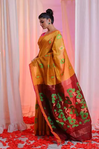 Ochre Yellow Cotton Blend Handwoven Saree With Zari Border