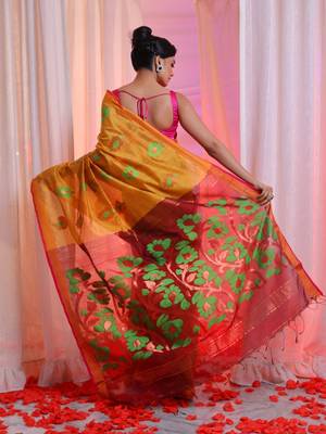 Ochre Yellow Cotton Blend Handwoven Saree With Zari Border 4