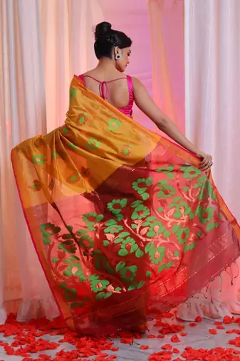 Ochre Yellow Cotton Blend Handwoven Saree With Zari Border