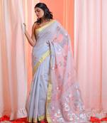 Light Grey Cotton Blend Handwoven Saree With Zari Border