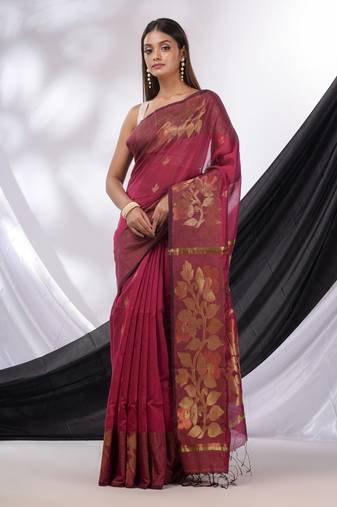 Magenta  Cotton Blend Handwoven Saree With Foliage Border