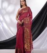 Magenta  Cotton Blend Handwoven Saree With Foliage Border