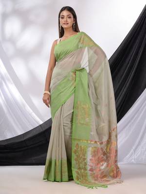Grey Cotton Blend Handwoven Saree With Foliage Border 1