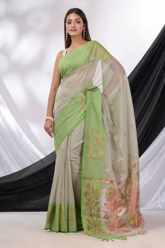 Grey Cotton Blend Handwoven Saree With Foliage Border
