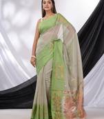 Grey Cotton Blend Handwoven Saree With Foliage Border