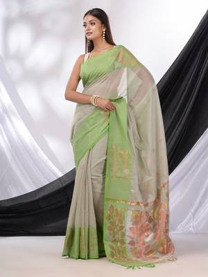 Grey Cotton Blend Handwoven Saree With Foliage Border 2