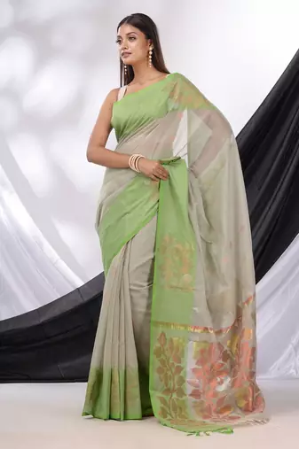 Grey Cotton Blend Handwoven Saree With Foliage Border