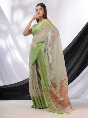 Grey Cotton Blend Handwoven Saree With Foliage Border 3