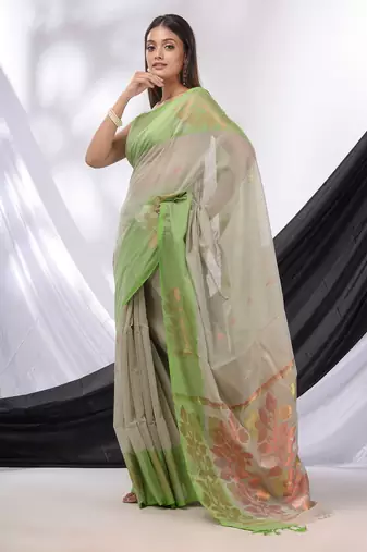 Grey Cotton Blend Handwoven Saree With Foliage Border