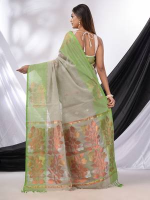 Grey Cotton Blend Handwoven Saree With Foliage Border 4