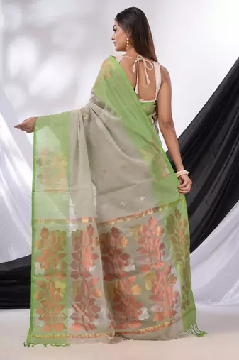 Grey Cotton Blend Handwoven Saree With Foliage Border