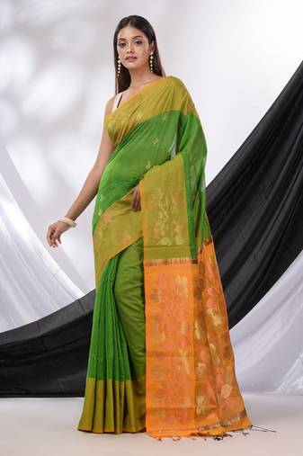 Green  Cotton Blend Handwoven Saree With Foliage Border