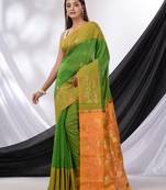 Green  Cotton Blend Handwoven Saree With Foliage Border