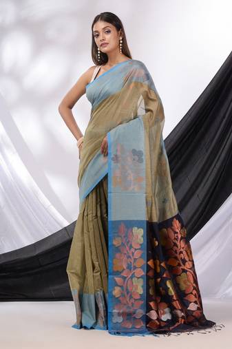 Ecru Cotton Blend Handwoven Saree With Foliage Border