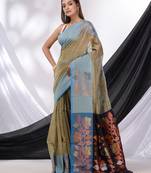 Ecru Cotton Blend Handwoven Saree With Foliage Border
