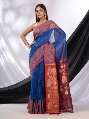 Sapphire Blue Cotton Blend Handwoven Saree With Woven Design 1