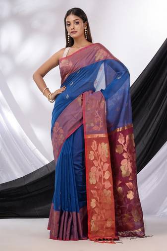 Sapphire Blue Cotton Blend Handwoven Saree With Woven Design