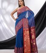Sapphire Blue Cotton Blend Handwoven Saree With Woven Design