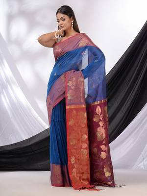Sapphire Blue Cotton Blend Handwoven Saree With Woven Design 2