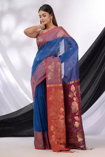 Sapphire Blue Cotton Blend Handwoven Saree With Woven Design