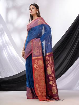 Sapphire Blue Cotton Blend Handwoven Saree With Woven Design 3