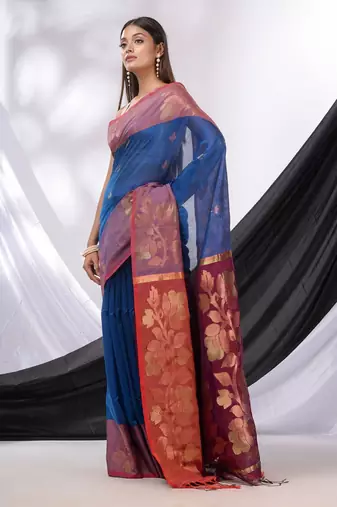 Sapphire Blue Cotton Blend Handwoven Saree With Woven Design