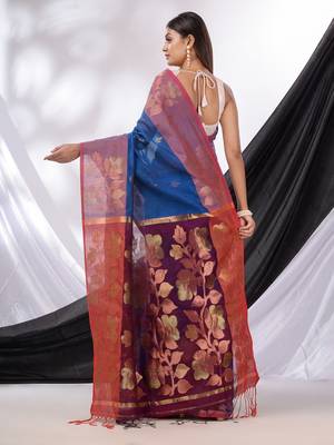 Sapphire Blue Cotton Blend Handwoven Saree With Woven Design 4