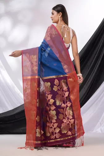 Sapphire Blue Cotton Blend Handwoven Saree With Woven Design