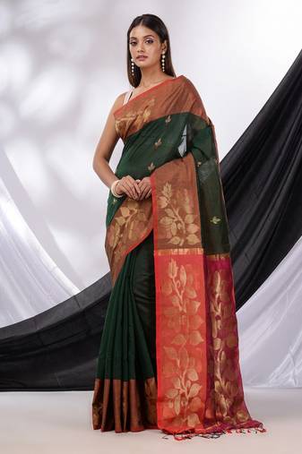 Emerald Green Cotton Blend Handwoven Saree With Foliage Border