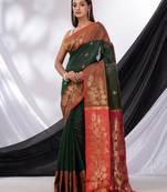 Emerald Green Cotton Blend Handwoven Saree With Foliage Border