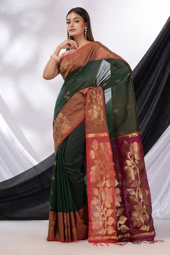 Emerald Green Cotton Blend Handwoven Saree With Foliage Border
