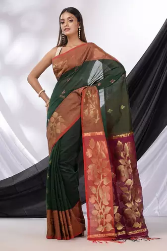 Emerald Green Cotton Blend Handwoven Saree With Foliage Border