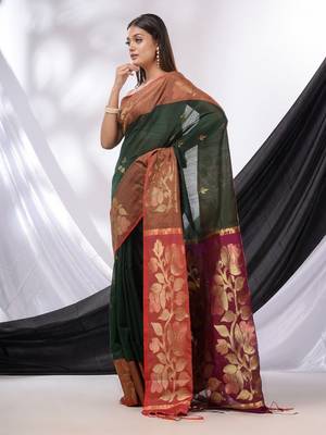 Emerald Green Cotton Blend Handwoven Saree With Foliage Border 3