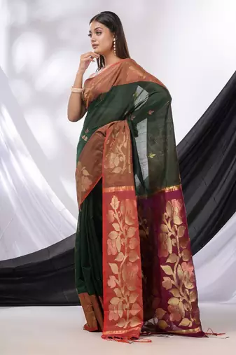 Emerald Green Cotton Blend Handwoven Saree With Foliage Border