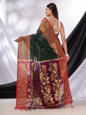 Emerald Green Cotton Blend Handwoven Saree With Foliage Border 4